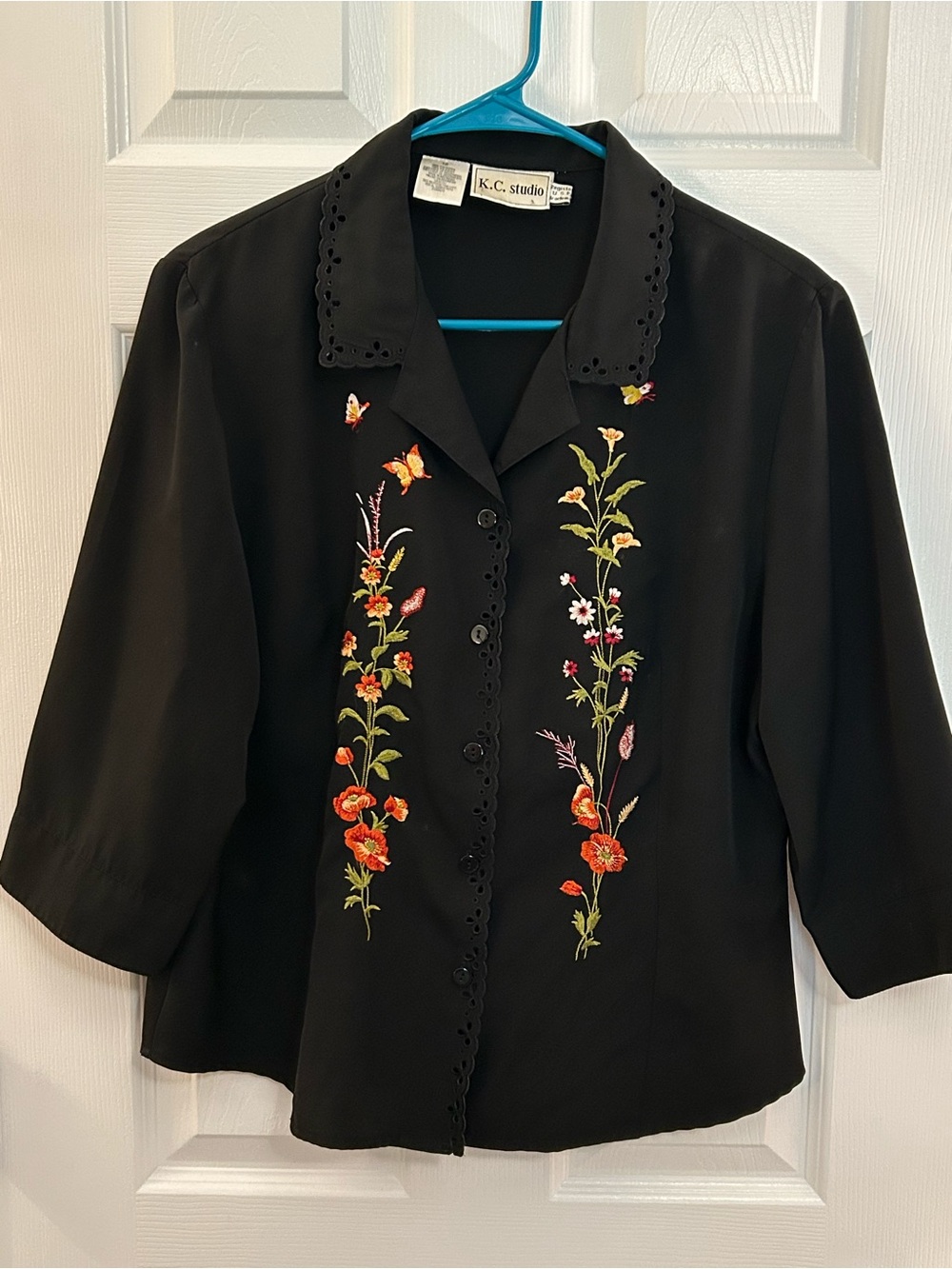 Vintage K.C. Studio Embroidered Floral Butterfly Button-Up Blouse - Size 12